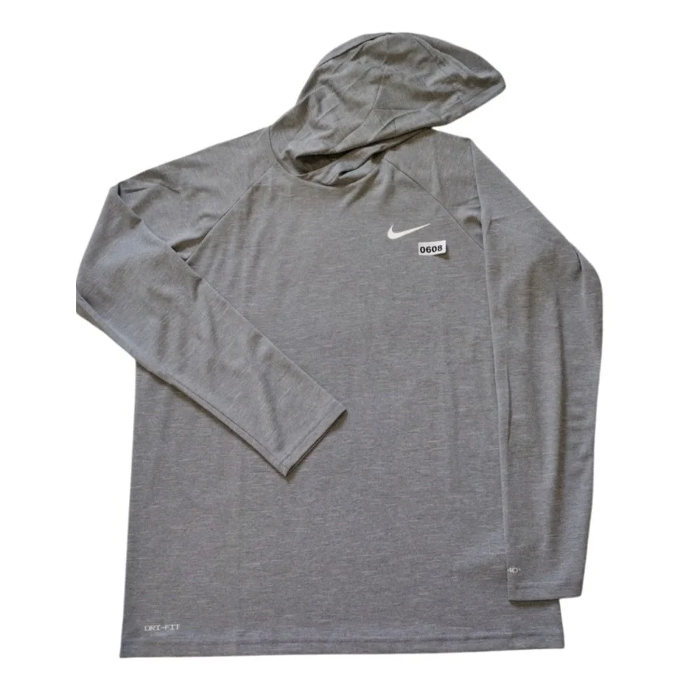 Nike Swim Top Men M Gray Dri-Fit UPF 40+‎ Hooded Athletic Logo Long Sleeves